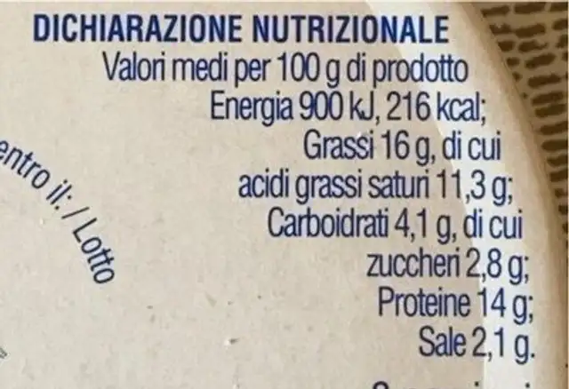 Formaggini nutrition facts table