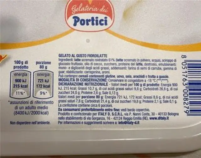 Fiordilatte nutrition facts table