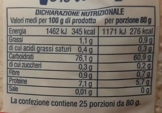 Riso Originario nutrition facts table