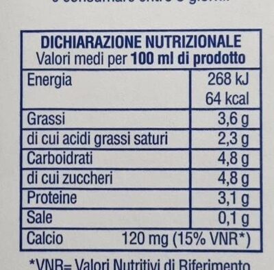 latte intero UHT nutrition facts table
