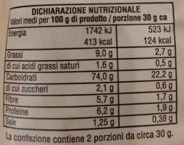 Chips di patate nutrition facts table