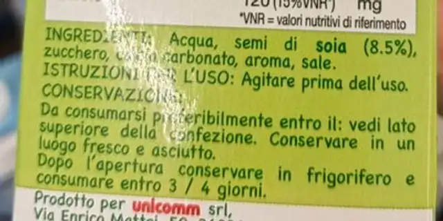 Bevanda di soia ingredients label