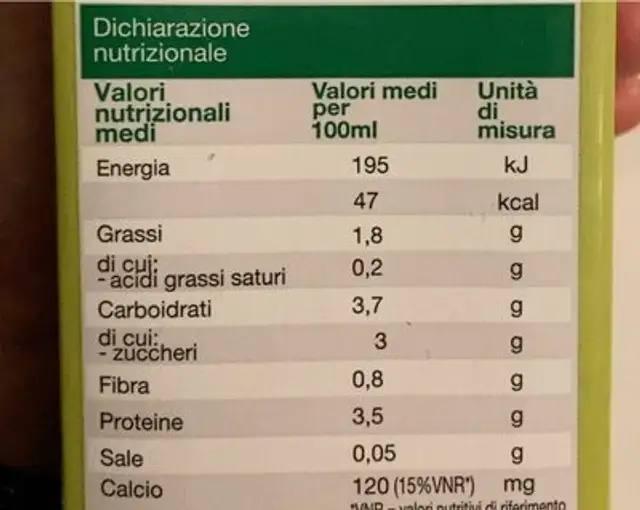 Bevanda di soia nutrition facts table