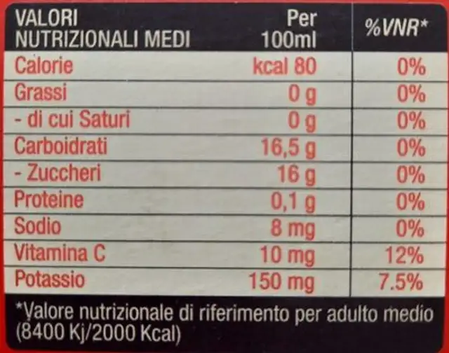Mela Madre Shot Tonico nutrition facts table