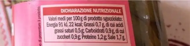 Cetriolini sottaceto nutrition facts table