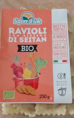Ravioli con ripieno di seitan front packaging