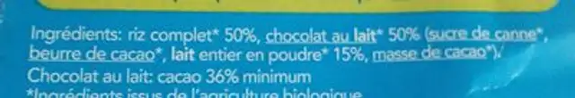 Galettes riz chocolat lait ingredients label