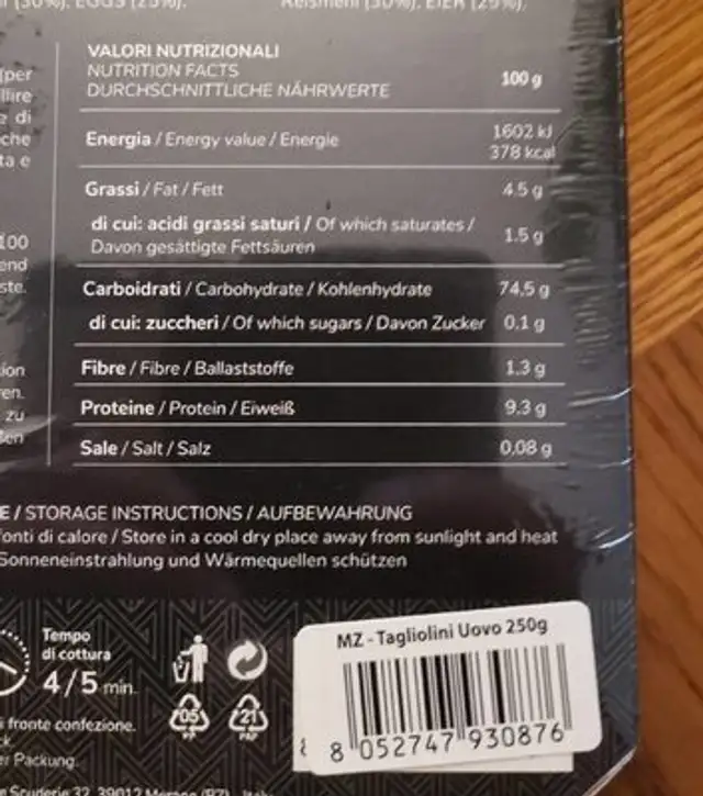 Tagliolini all'uovo nutrition facts table