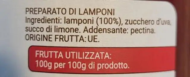 100% frutta lamponi ingredients label