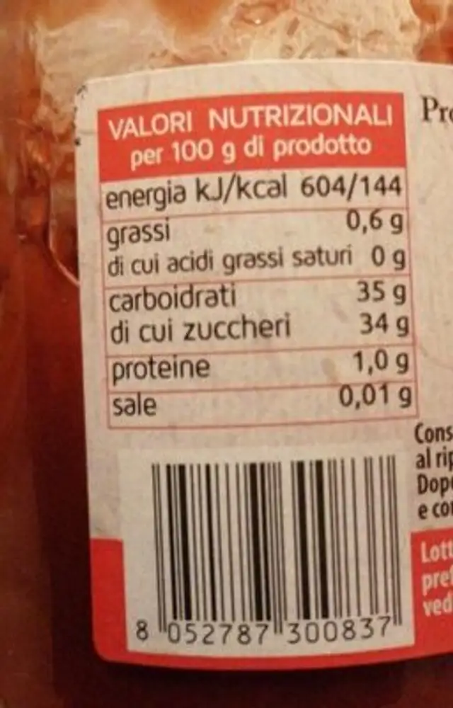100% frutta lamponi nutrition facts table