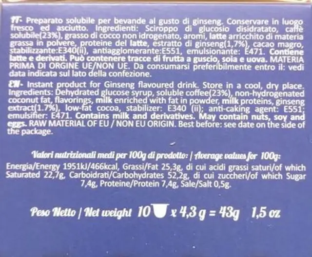 Ginseng nutrition facts table