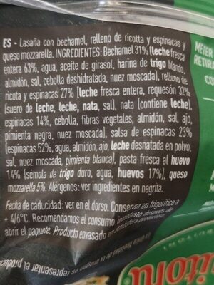 Lasagne Ricotta y Espinacas ingredients label