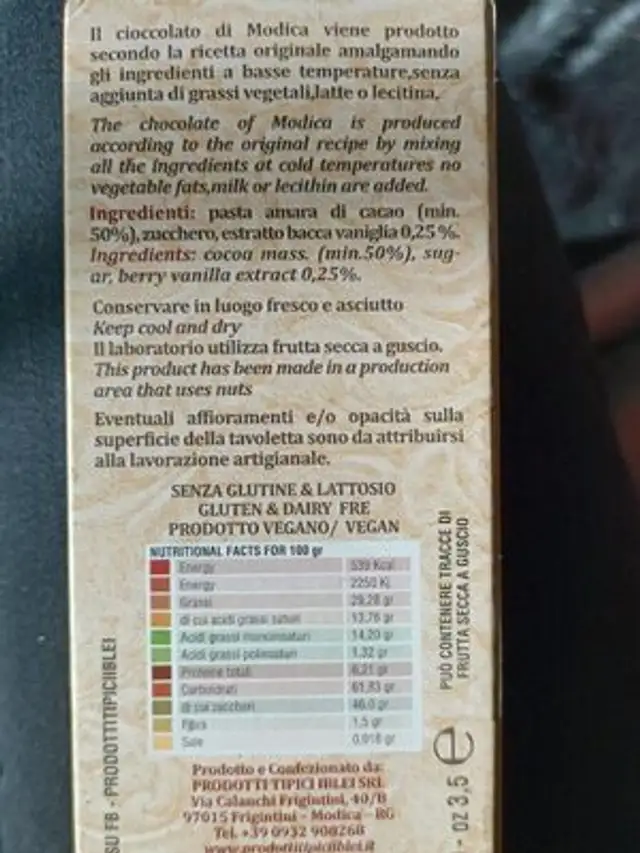 Modica chocolate nutrition facts table