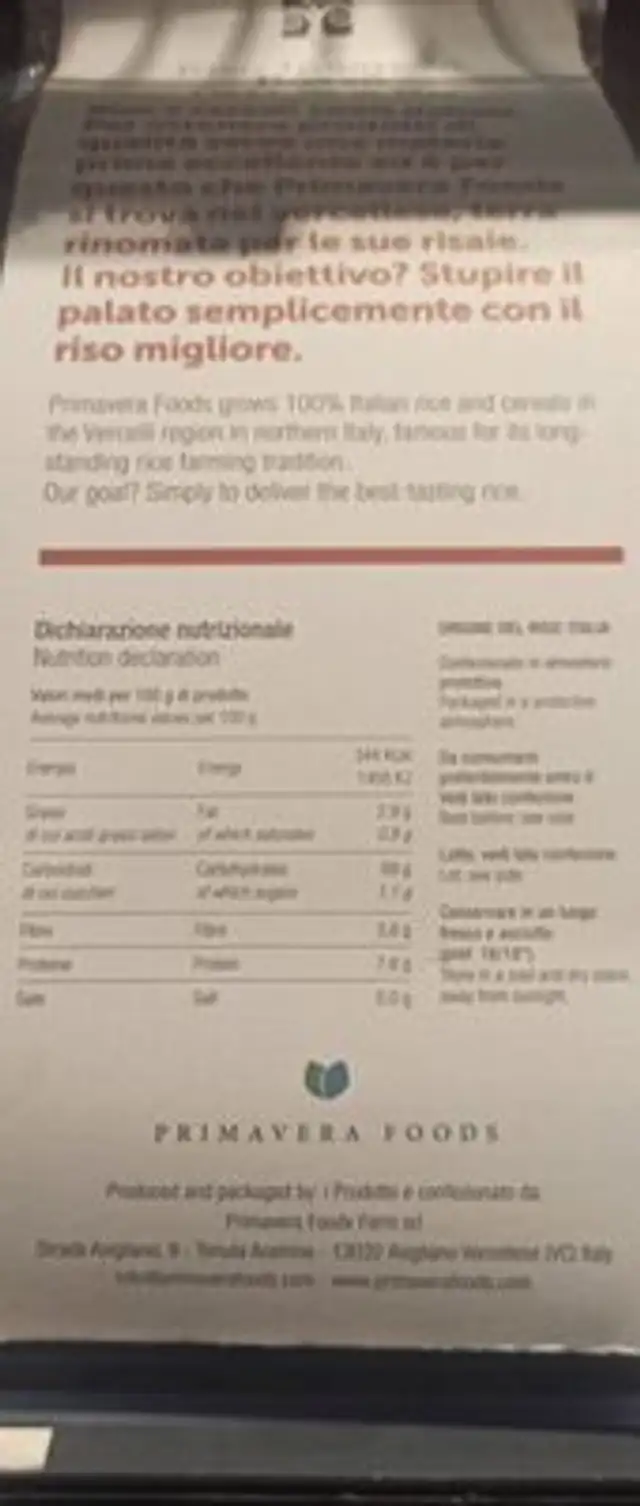 Riso rosso integrale nutrition facts table