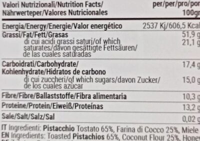 Crema di cocco e pistacchio nutrition facts table