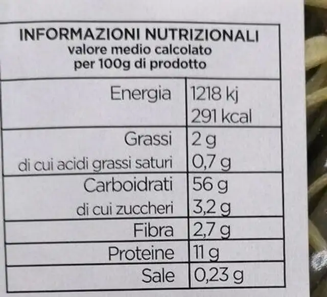 Pasta frasca all'uovo nutrition facts table