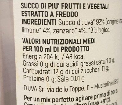 Succo uva zenzero limone nutrition facts table