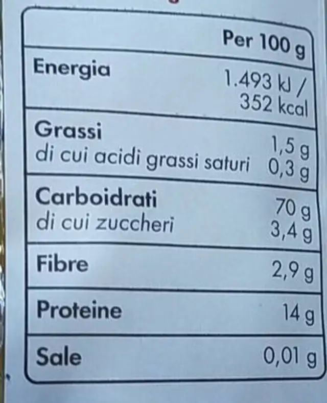 Elicoidali nutrition facts table