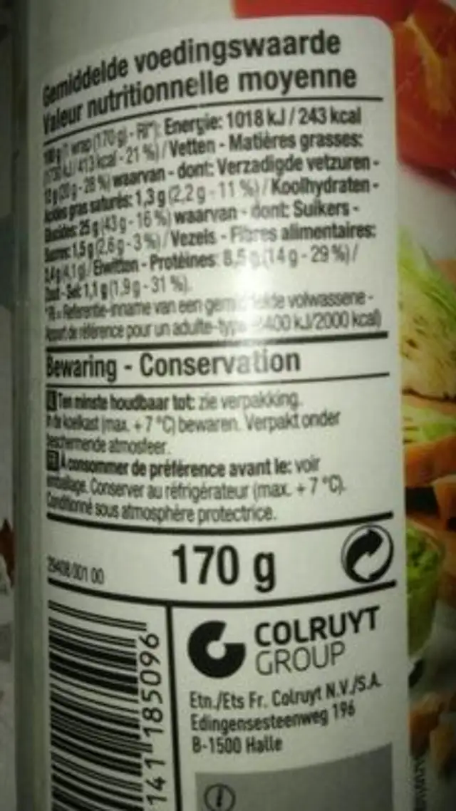 Wrap poulet pesto nutrition facts table