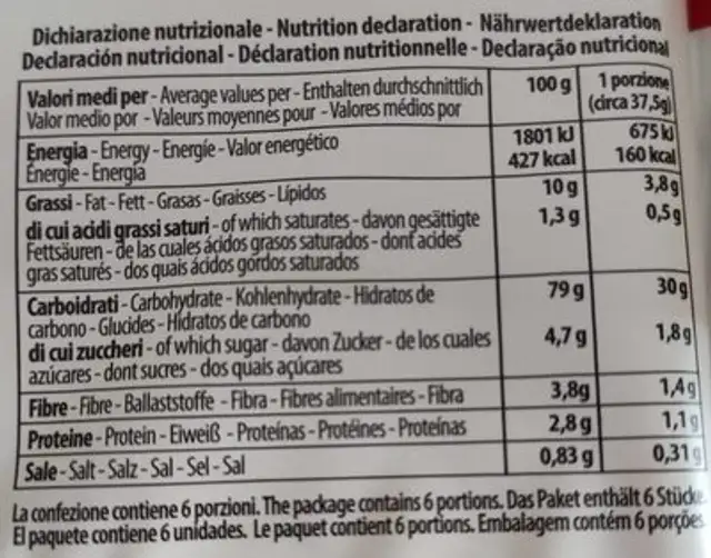 Fette biscottate senza glutine nutrition facts table