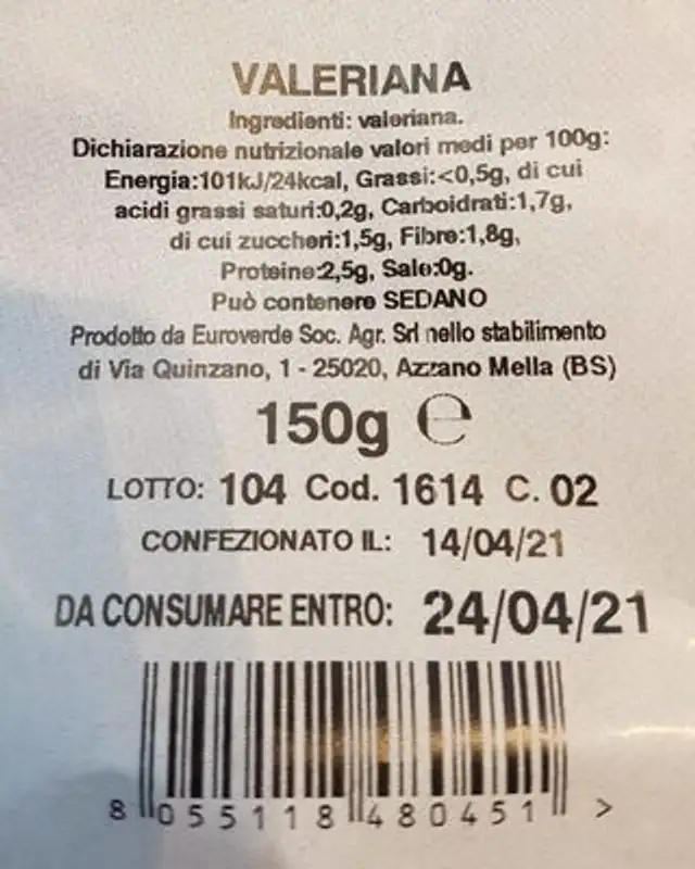 Valeriana nutrition facts table