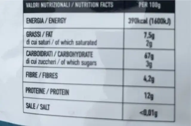 Farina di avena nutrition facts table