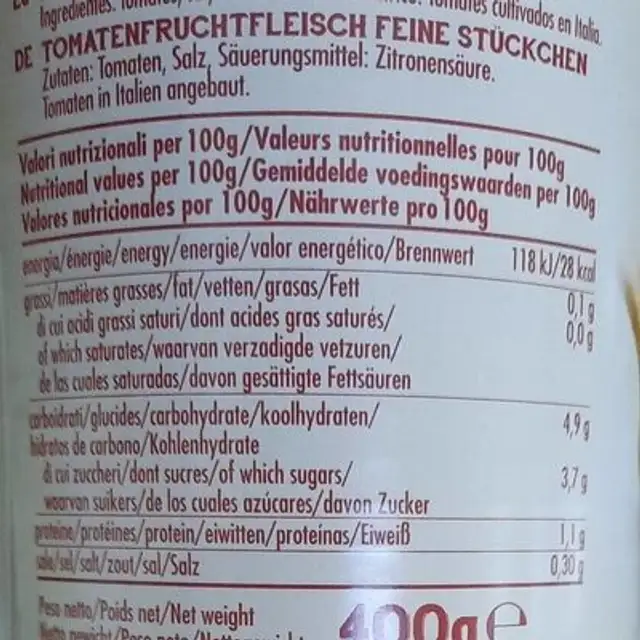 Polpa fine nutrition facts table