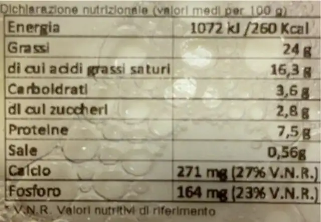Burratine nutrition facts table
