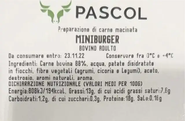 Mini burger nutrition facts table