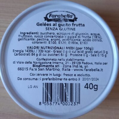 Gelées alla frutta nutrition facts table