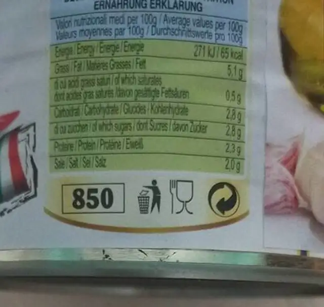 Scarola nutrition facts table