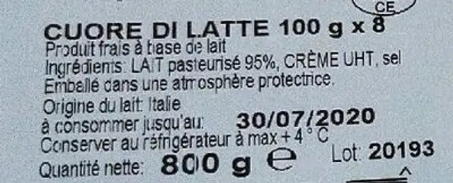 CUORE DI LATTE ingredients label