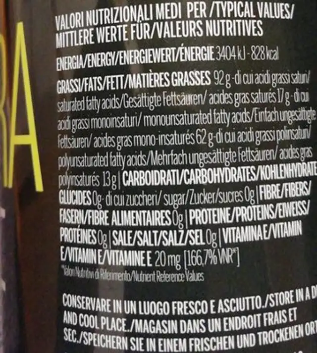 Olio extravergine di oliva nutrition facts table