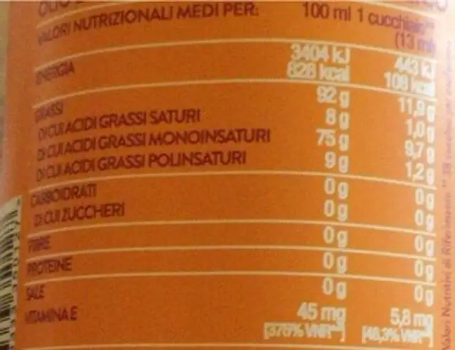 Olio semi di girasole alto oleico nutrition facts table