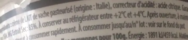 Mascarpone ingredients label
