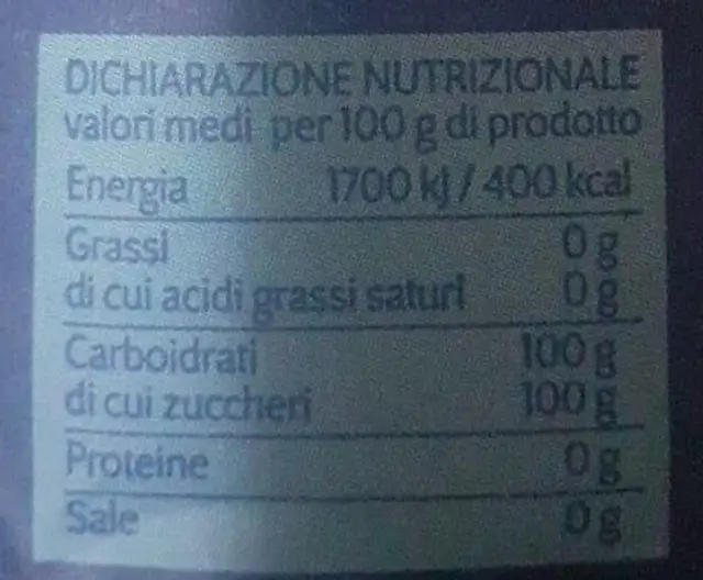 Zucchero classico nutrition facts table
