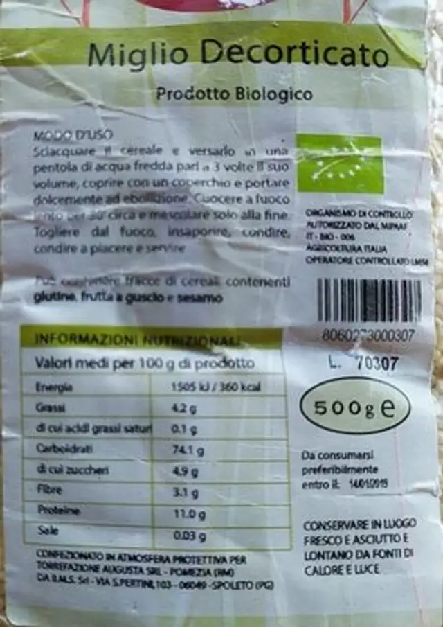 Miglio Decorticato prodotto biologico nutrition facts table