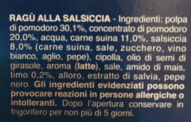 Ragù alla salsiccia ingredients label