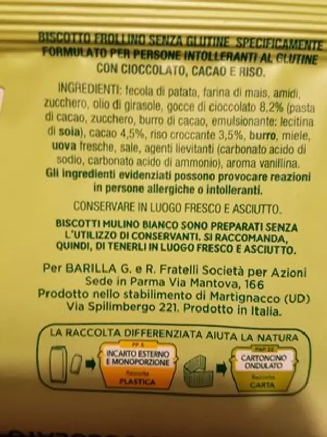Mulino bianco senza glutine ingredients label