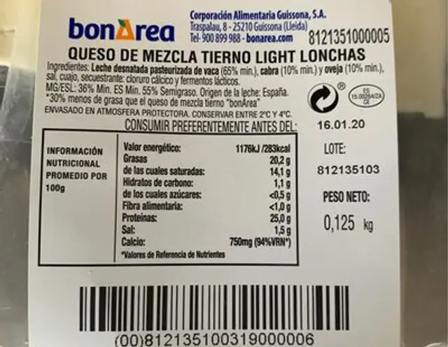 Queso mezcla tierno light nutrition facts table