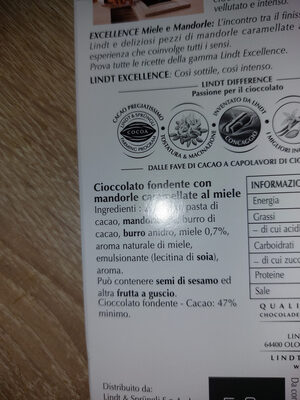 Lindt Excellence miele & mandotle