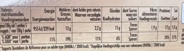 Nuggets extra croustillant nutrition facts table