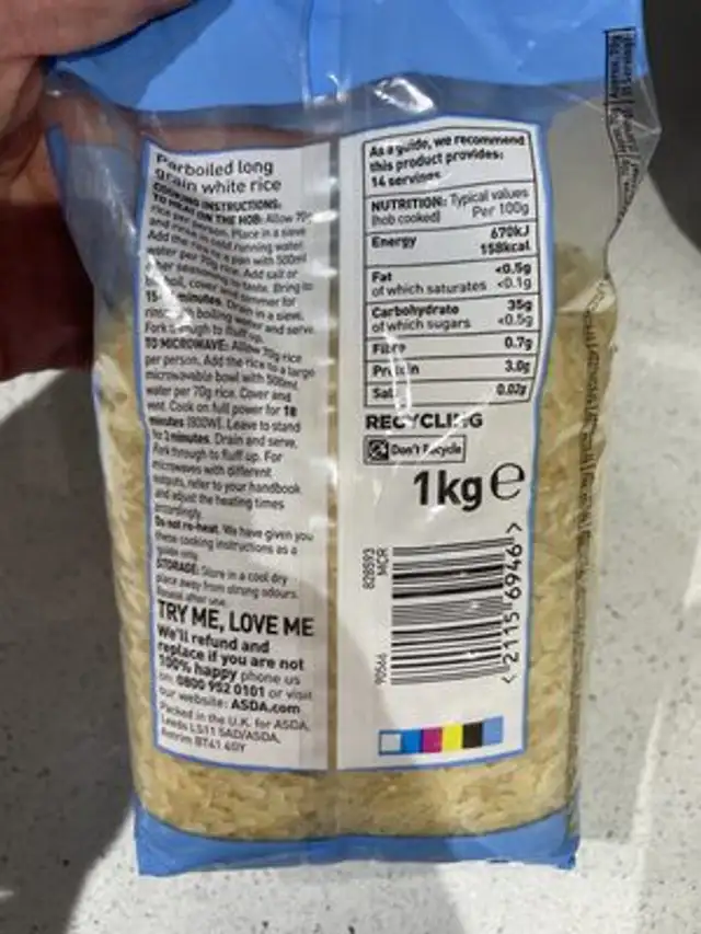 Asda long grain white rice ingredients label