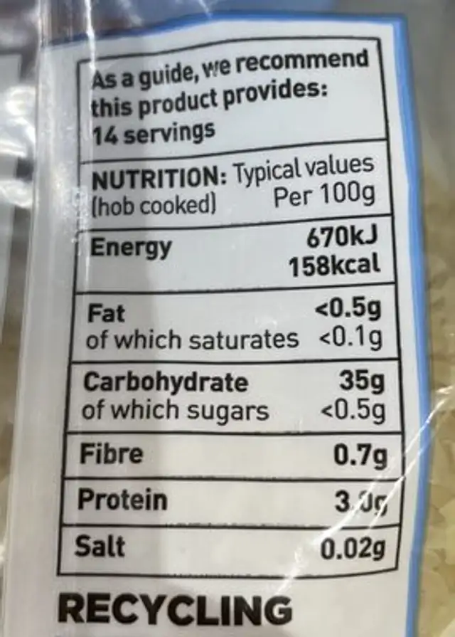 Asda long grain white rice nutrition facts table