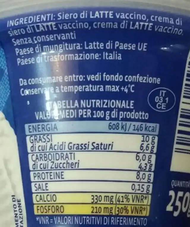 Ricotta santalucia nutrition facts table