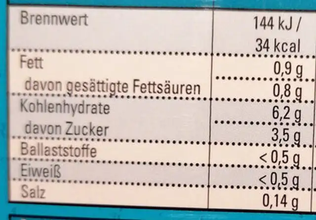 Bio Kokos Reis Drink nutrition facts table