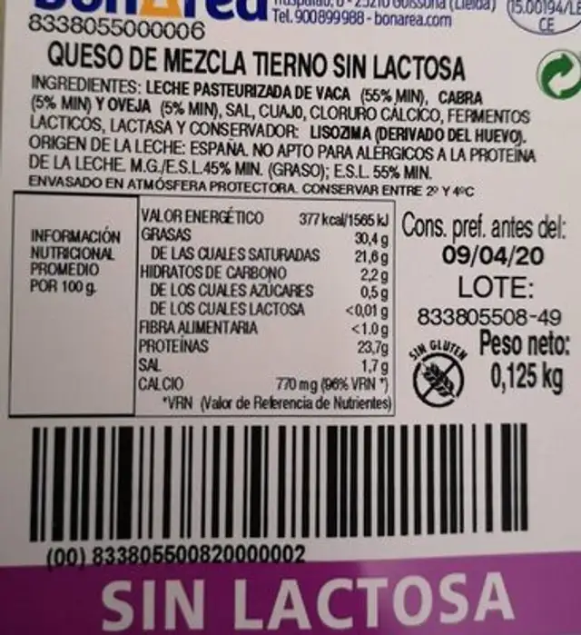 Queso mezcla tierno sin lactosa nutrition facts table