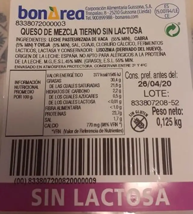 Queso de mezcla tierno sin lactosa nutrition facts table