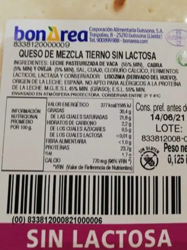 Queso sin lactosa nutrition facts table