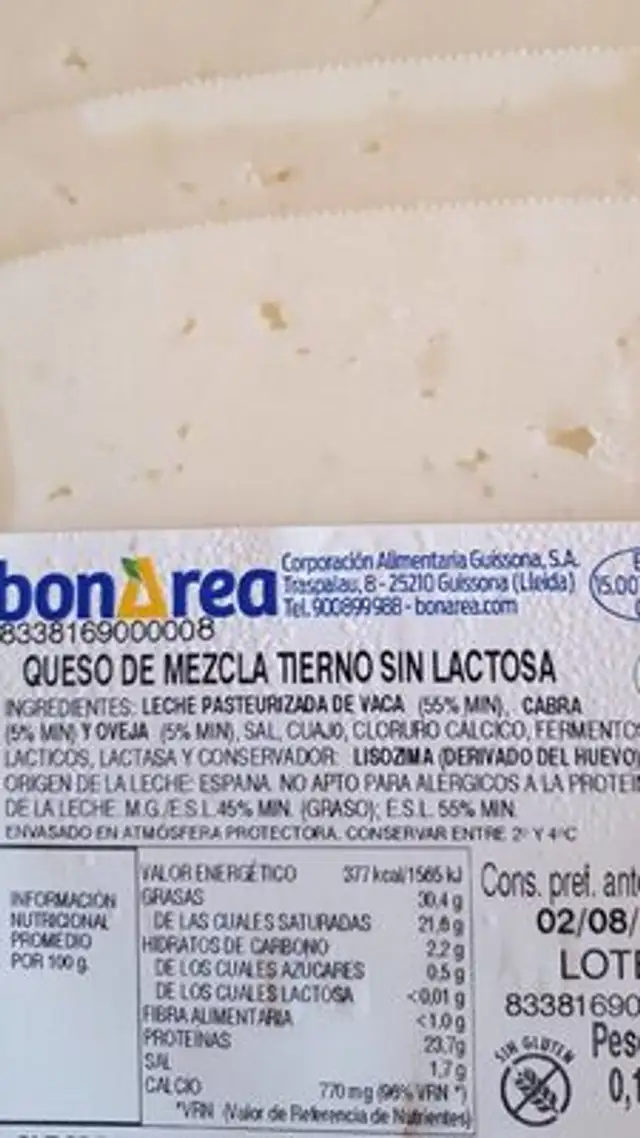 Queso de mezcla tierno sin lactosa nutrition facts table